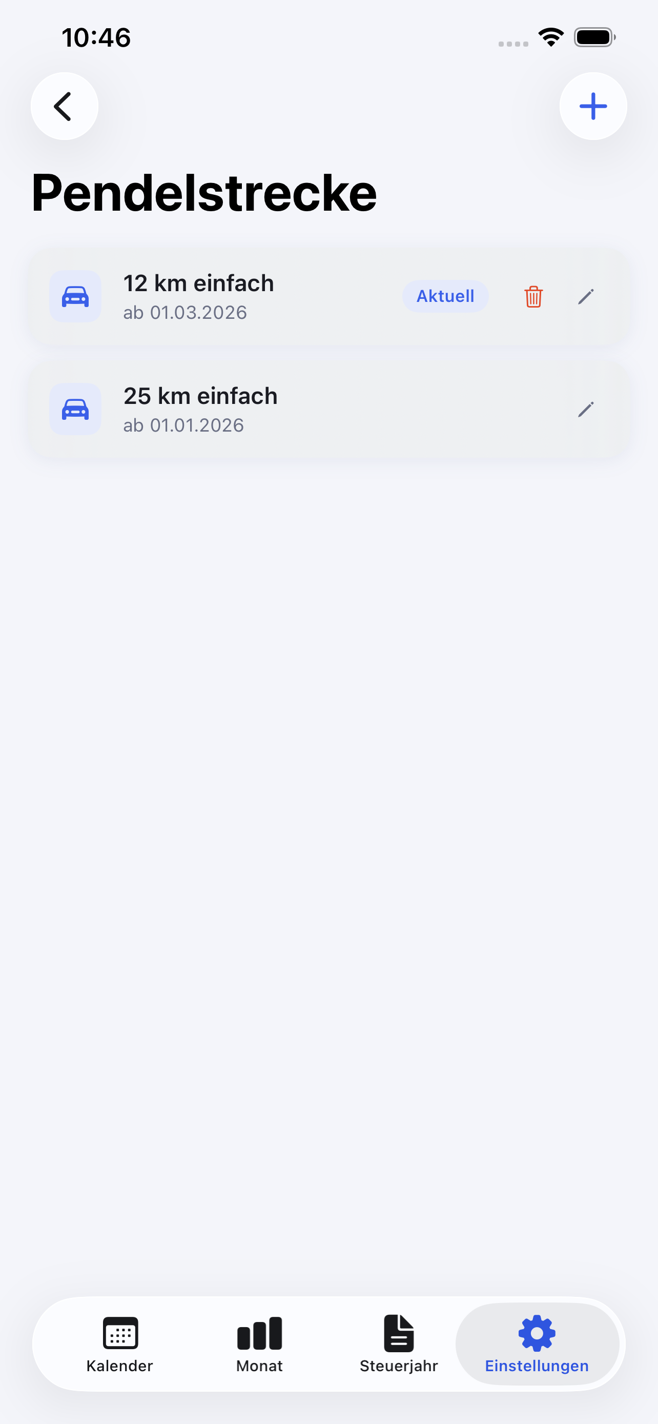 Office Check – Pendelstrecken-Einstellungen